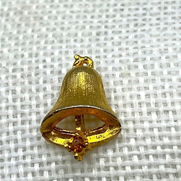 Small Gold Tone Bell With Yellow Rhinestone Collectible Pin / Lapel Bell - Picture 4 of 9
